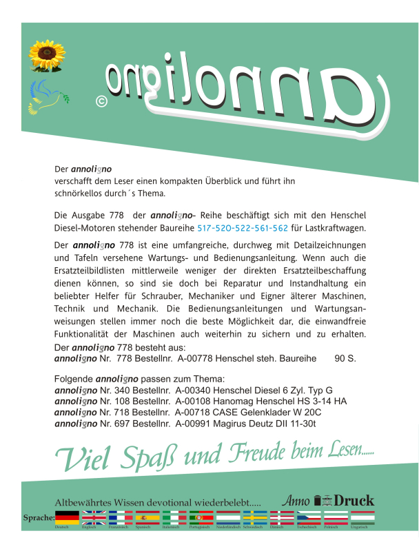 Henschel 6 Zylinder Diesel Reihen Motor 6R 1112 Typ 561 & 562 Bild Bedienungsanleitung & Wartungsanleitung - annoligno 778